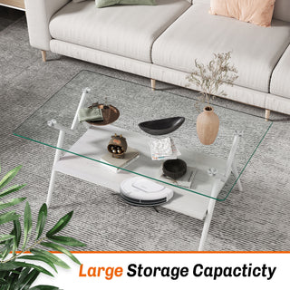 Rectangle Coffee Table With Tempered Glass Top And Shelf