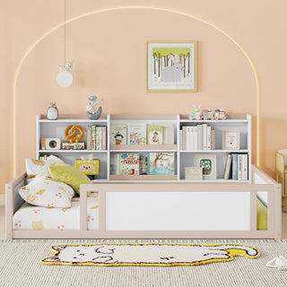 Platform Floor Bed With Guardrail Fence And Side Storage Shelves