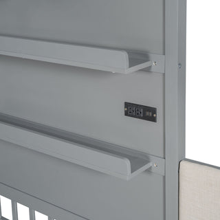 House Bed With Upholstered Sofa, Wireless Charging Station, Shelves And 2 Drawers