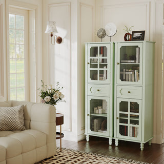 Curio Cabinet, Freestanding Vintage Display Storage Cabinet, Adjustable Shelves - Green