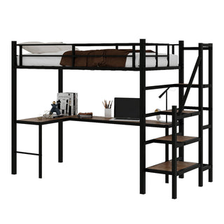 Loft Bed & L-Shaped Desk, Large Storage Space