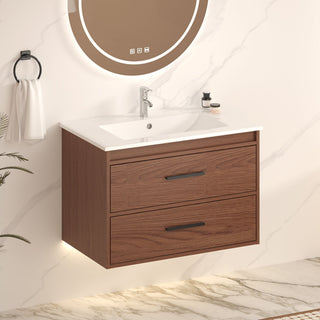 Wall Mounting Bathroom Vanity With Soft Close 2 Drawer, Sink - Reddish Brown