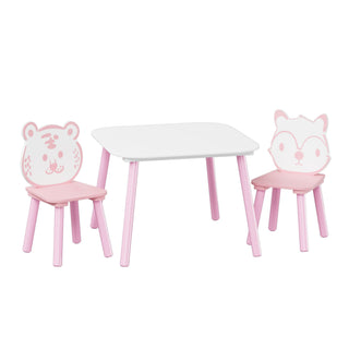 Table And Chair Set, 3 Piece Wooden Toddler Desk With Animal Backrest - Pink / White