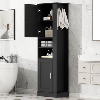 Tall Freestanding Bathroom Storage Cabinet With Adjustable Shelves And Side Hooks Board, Rectangle Design