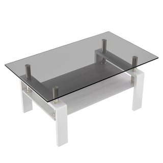 Modern Rectangular Coffee Table With Tempered Transparent Glass Top And Storage Shelf