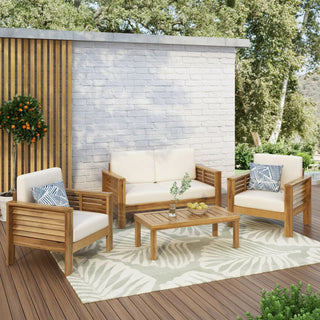 Acacia Wood Loveseat And Coffee Table Set With Cushions