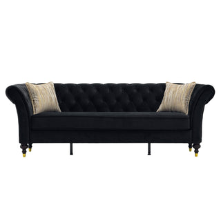 3 Seater Button Tufted Sofa With Rolled Arms, Living Room Couch With 2 Pillows - Black