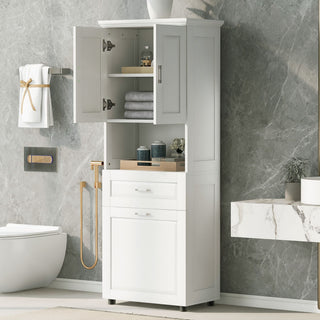 Tall Bathroom Cabinet With Tilt-Out Laundry Basket And Upper Storage