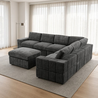 Oversized Modular Sectional Sofa, 7 Piece Reversible With Ottoman - Dark Gray