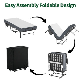Twin Folding Bed With Memory Foam Mattress, On Wheels, Portable Bed For Adults & Guests - Black
