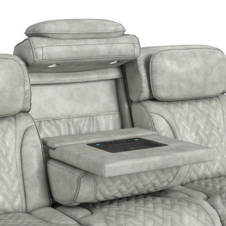 Prime Time - P3 Sofa With Ddt, 3.0 Table, 7 Colors (Led And Cup Holders), Reading Light, Vibration, Speaker, And Heat Massage - Leather Gel Light Gray