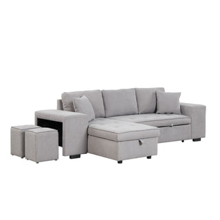 Modern L-Shape 3 Seat Reversible Sectional Couch, Pull Out Sleeper Sofa With Storage Chaise And 2 Stools For Living Room Furniture Set