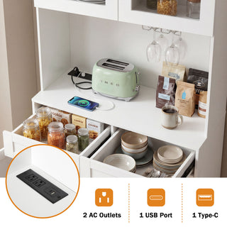 Tall Arched Pantry Cabinet With Charging Station, Adjustable Shelves, Coffee Bar