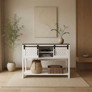 Entryway Table With Sliding Barn Door Storage - White / Oak