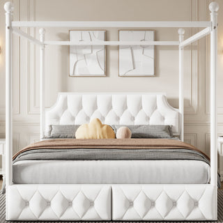Queen Size Canopy Platform Bed With Upholstered Headboard And 2 Storage Drawers - White