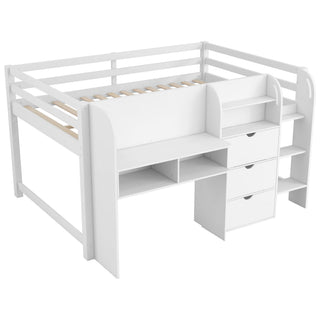 Low Loft Bed With Built In Desk, Storage Cabinets, Open Bookcase And Doodle board