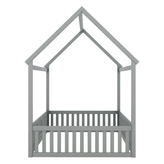 Wood House Bed With Fence And Door