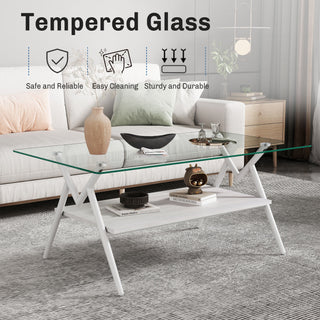 Rectangle Coffee Table With Tempered Glass Top And Shelf