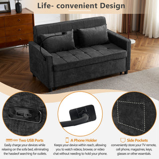 Loveseat Sofa Bed Sleeper With Reversible Backrest, Side Pockets, USB Ports, Phone Holder
