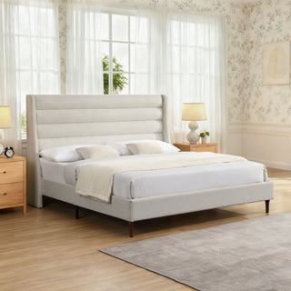 Modern Upholstered Platform Bed With Wave Shaped Headboard