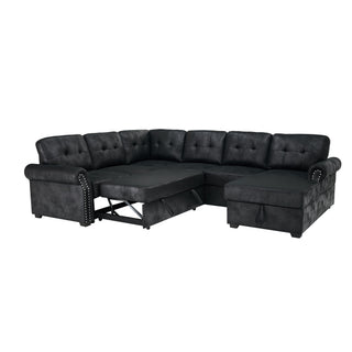U Shape Sectional Sleeper Sofa With Pull Out Bed And Storage Chaise - Black