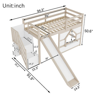 Loft Bed With Storage Stairs, Slide, Playhouse Window And 7 Colors LED Lights