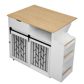 Modern Style 2 In 1 Pet Friendly Dog Crate Kitchen Island End Table Metal Pine - Natural / White