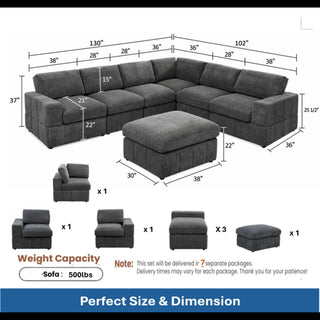 Oversized Modular Sectional Sofa, 7 Piece Reversible With Ottoman - Dark Gray