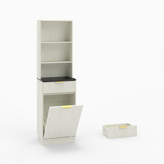 Tall Narrow Fluted Storage Cabinet With Trash Bin Compartment For Kitchen (Trash Can Not Included)