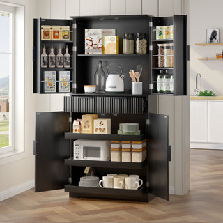 Fluted Kitchen Pantry Cabinet With 3 Keyboard Drawers & 6 Adjustable Door Shelves