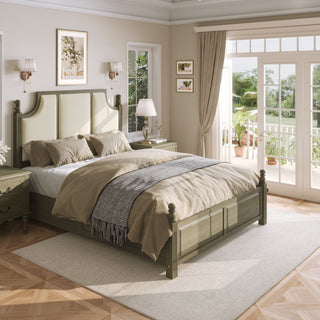 Farmhouse Platform Bed Frame With Tall Linen Upholstered Headboard