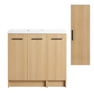Freestanding Bathroom Vanity Set With Tall Linen Cabinet, 3 Door Storage Cabinet, Single Sink