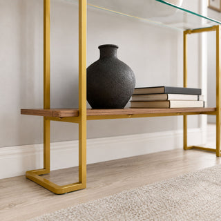 Console Table With Shelf, 2 Tier Living Room - Gold / Walnut