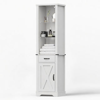 Pantry Cabinet With LED Lights And Barn Door With Tempered Glass Shelves - White