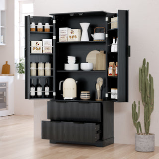 Fluted Kitchen Pantry Cabinet With 2 Large Drawers & 8 Door Spice Rack
