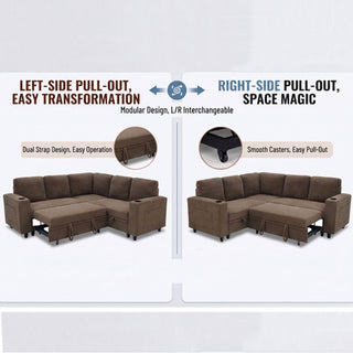 Upholstered L - Shape Sectional Sofa Bed With Pull Out Sleeper And Storage