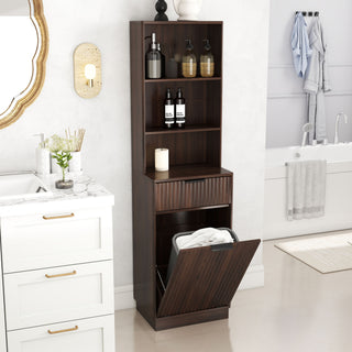 Tall Narrow Fluted Storage Cabinet With Trash Bin Compartment For Kitchen (Trash Can Not Included)