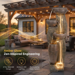 Outdoor Water Fountain, 4 Tier Cascading Bowl With Warm LED Lights For Patio - Brown / Tan