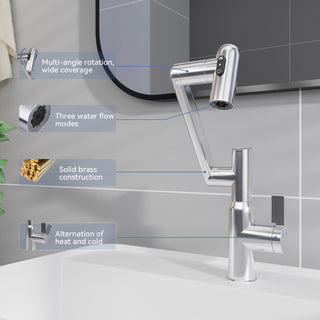 Bathroom Sink Faucet With Spray Function And Temperature Display, Anti Skid Switch, 360 Degree Rotary