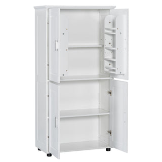 Tall And Wide Bathroom Floor Storage Cabinet With 4 Doors, Adjustable Shelves - White