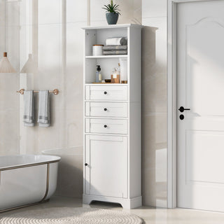 Tall Storage Cabinet With 3 Drawers And Adjustable Shelves For Bathroom