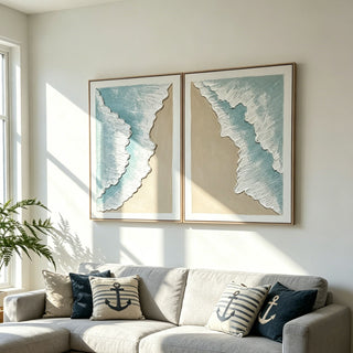 Framed Ocean Wave Wall Art, Textured Canvas Painting, Beach Decor For Living Room (Set of 2) - Aqua Blue