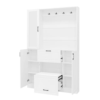 Entryway Bench With Integrated Shoe Cabinet, 3 In 1 Design And Mirrored Cabinet Door, Hall Tree With 4 Sturdy Hooks And Foldable Seat For Entrance, Living Room - White