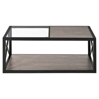 Industrial Style Coffee Table For Bedroom & Living Room With Tempered Glass & Wood Grain - Wood