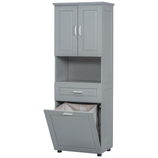 Tall Bathroom Cabinet With Tilt-Out Laundry Basket And Upper Storage