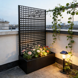 Planter Box With Trellis, Outdoor Raised Garden Bed With Privacy Screen Lattice Panels For Patio - Black