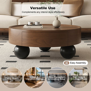 Round Coffee Table With Storage Drawer And Ball Feet - Walnut / Black