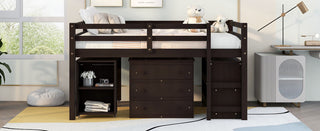 Loft Low Study Bed With Cabinet, Shelves And Rolling Portable Desk, Multiple Functions