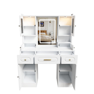 Large Vanity Table Set With Mirror, 6 Drawers & Shelves, Power Socket, Hair Dryer Holder, Cabinet Light, Dressing Desk - White