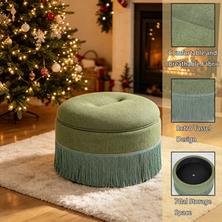 Round Storage Ottoman With Tassel, Decorative Accent Pouf For Living Room
